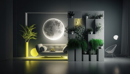 Ultra modern futuristic interior, elegant living room with leather cozy sofa, moonlight
