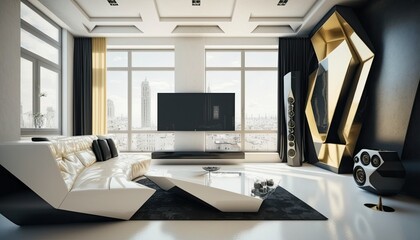 Ultra modern futuristic interior, elegant living room with leather cozy sofa, 8k tv