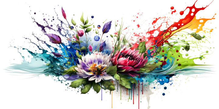 Bouquet of flowers in colorful water splashes, on white background. Abstract white background with colored floating liquids and realistic flowers. Generative AI