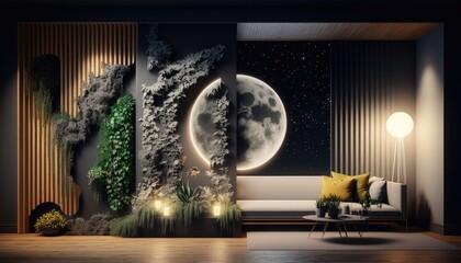 Ultra modern futuristic interior, elegant living room with leather cozy sofa, moonlight