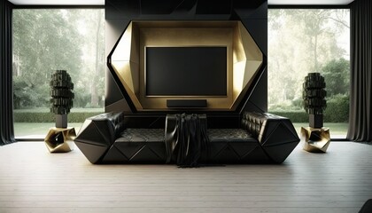 Ultra modern futuristic interior, elegant living room with leather cozy sofa, 8k tv