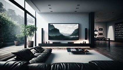Ultra modern futuristic interior, elegant living room with leather cozy sofa, 8k tv