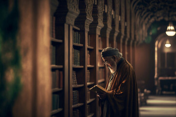 Muslim intellectual reading a book in the scientific library, generative ai