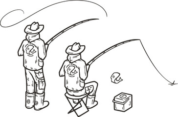 Fisherman in the forest lake with a fishing rod catches fish.