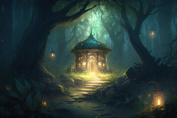 Fototapeta na wymiar Enchanted fairy forest landscape, misty dark mood. Concept art ai generative