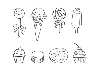 doodle icons with sweets. Vector linear illustrations with cupcake, cake, ice cream, cupcakes, lollipop, macaroons, donut on a transparent background.
