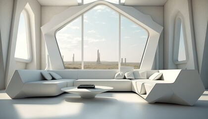 Fototapeta na wymiar Ultra modern futuristic interior, elegant living room with leather cozy sofa