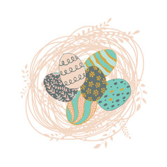 Easter eggs in nest. Easter eggs with beautiful drawings. Happy Easter.Hand-drawn. Vector illustration.