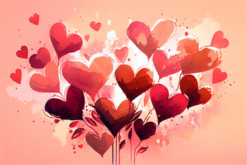 Cute wallpaper design of watercolor hearts in red and pink tones for valentine's day. Generative AI.