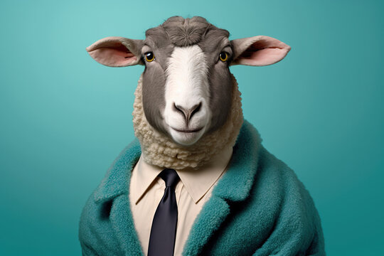 Studio photo portrait of a sheep in business clothes o, concept of Professionalism and Humor, created with Generative AI technology