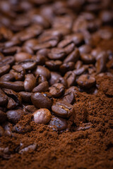 Different types of coffee: drinkable coffee, coffee beans and ground coffee