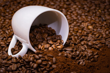 Different types of coffee: drinkable coffee, coffee beans and ground coffee