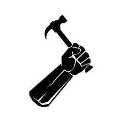 Hand holding hammer. Fist with hammer. Hand with hammer. Construction logo design. Vector illustration.