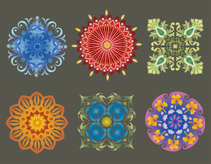 Ensemble de 6 Mandalas de Fleurs Multicolore, Motif Végétal Rosaces Tatouage Roues Harmonie