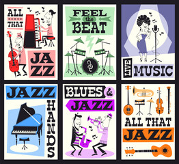 Jazz music festival cards. Funny artists with different instruments, invitational concert posters, live music party time, modern cartoon characters, concert advertising tidy vector set