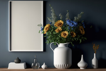 Mockup of a blank wall with a vase of flowers on a shelf,. Generative AI