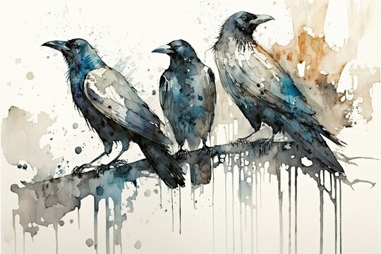 Crows sitting on a tree branch. Creative AI.