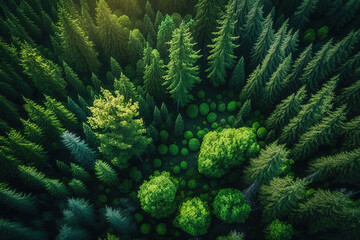 Aerial view of green summer forest. Generative illustration