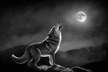 A black and white photo of a wolf howling at the moon