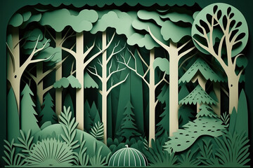 Green forest and wildlife background in paper cut art style. Generative backdrop