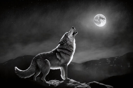 A black and white photo of a wolf howling at the moon