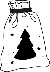 Hand-drawn illustration of a gift for celebrating New Year and Christmas in a gift bag with doodles Christmas tree with stars