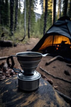 Coffee making  while stopping for a break in a nature hiking spot with a forest view - generative AI