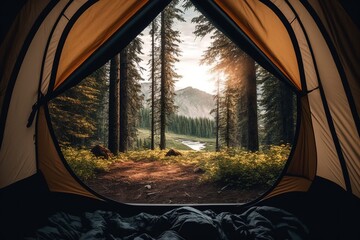 A camping tent in a nature hiking spot (view from inside the tent)  - obrazy, fototapety, plakaty