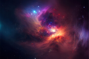 Fototapeta na wymiar Red nebula with stars. Fantasy galaxy generative AI background