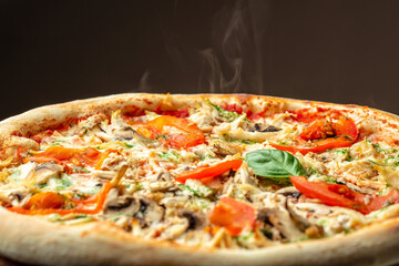 pizza with ham, mushrooms, pickled cucumber and cheese, Fast food lunch, top view