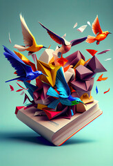 open magic book, with multicolored origami birds that fly out of its pages. creative stories. Generative AI
