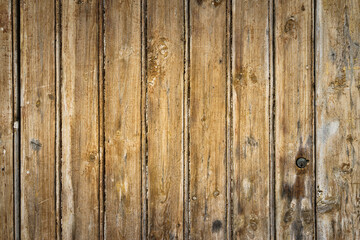 Detail of antique wooden door in brown tones with lots of texture with copy space.