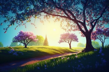 Naklejka na ściany i meble Beautiful spring landscape. Nature background. AI generated