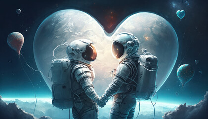 Fototapeta na wymiar A couple of astronauts in love on a date on Valentine's Day in space. The concept of endless love. AI generated