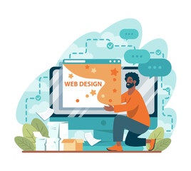 Web designer. Black male character works on website or software