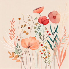 Watercolor flowers background, card, ai generation