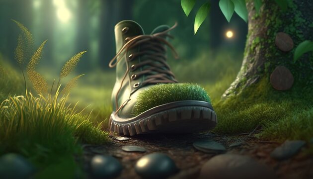 Offset Carbon Footprint Illustration with Boot and Lush Greenery, with Licensed Generative AI Technology Assistance