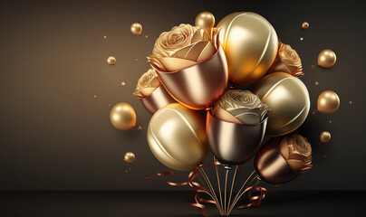 Festive golden inflatable balloons in a shape of roses holiday template. Created with Generative AI technology.