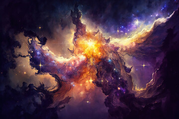 Obraz premium Watercolor glowing space with stars. Fantasy galaxy generative AI background
