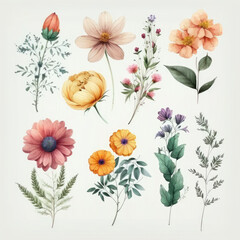 flower collection on white background with margins, watercolor, cartoon pretty, Mother's Day