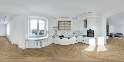 full seamless spherical hdri 360 panorama view in white interior of modern luxure kitchen in studio...