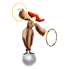 Circus clown standing on a balloon watercolor. A clown with a hoop. Watercolor illustration circus.