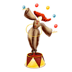 Circus clown standing on the podium in watercolor. A clown with a hoop. Watercolor illustration of a circus.  Clowns, watercolor with a ball. Watercolor of a juggling circus clown. © alexandra nova