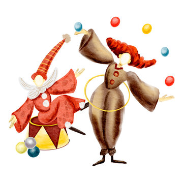 recommend clip art: Two clowns in the circus arena. Watercolor illustration of a clown. Circus. Circus clown. Clowns, balls watercolor. Watercolor  juggling circus clown. Circus clown standing on a balloon watercolor.