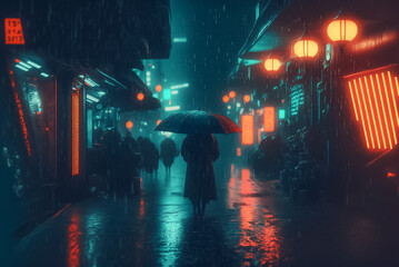 Man walking with umbrella, rainy night streets, neon lights. Generative AI