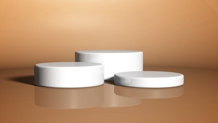 drei weiße Podeste vor einem dunklen, leicht spiegelnden Hintergrund