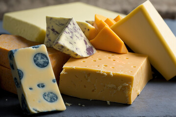 British cheese collection, close up of colored and matured cheddar cheeses from Scotland and England. Generative AI - obrazy, fototapety, plakaty