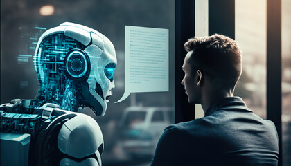Fototapeta person talking with robotic ai.futuristic technology or machine learning concepts.Generative ai technology obraz