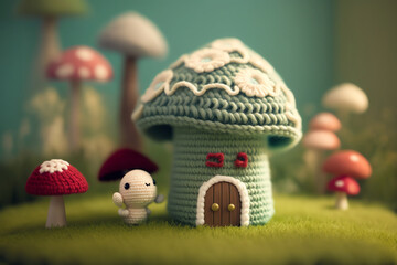 Naklejka premium the art of knitting colorful landscapes with elements of trees, houses, rainbows, clouds, balloons for children's education