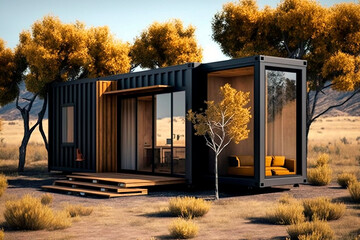 modern tiny house made out of container, concept of modern and cheap living, generative ai